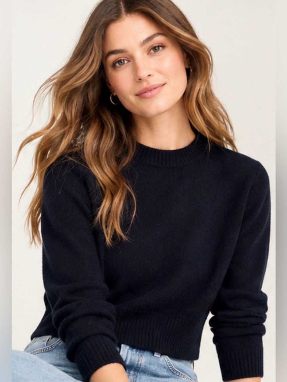 J.Crew Cashmere Sweater M Navy 100% Cashmere Cropped Crewneck Quiet Luxury